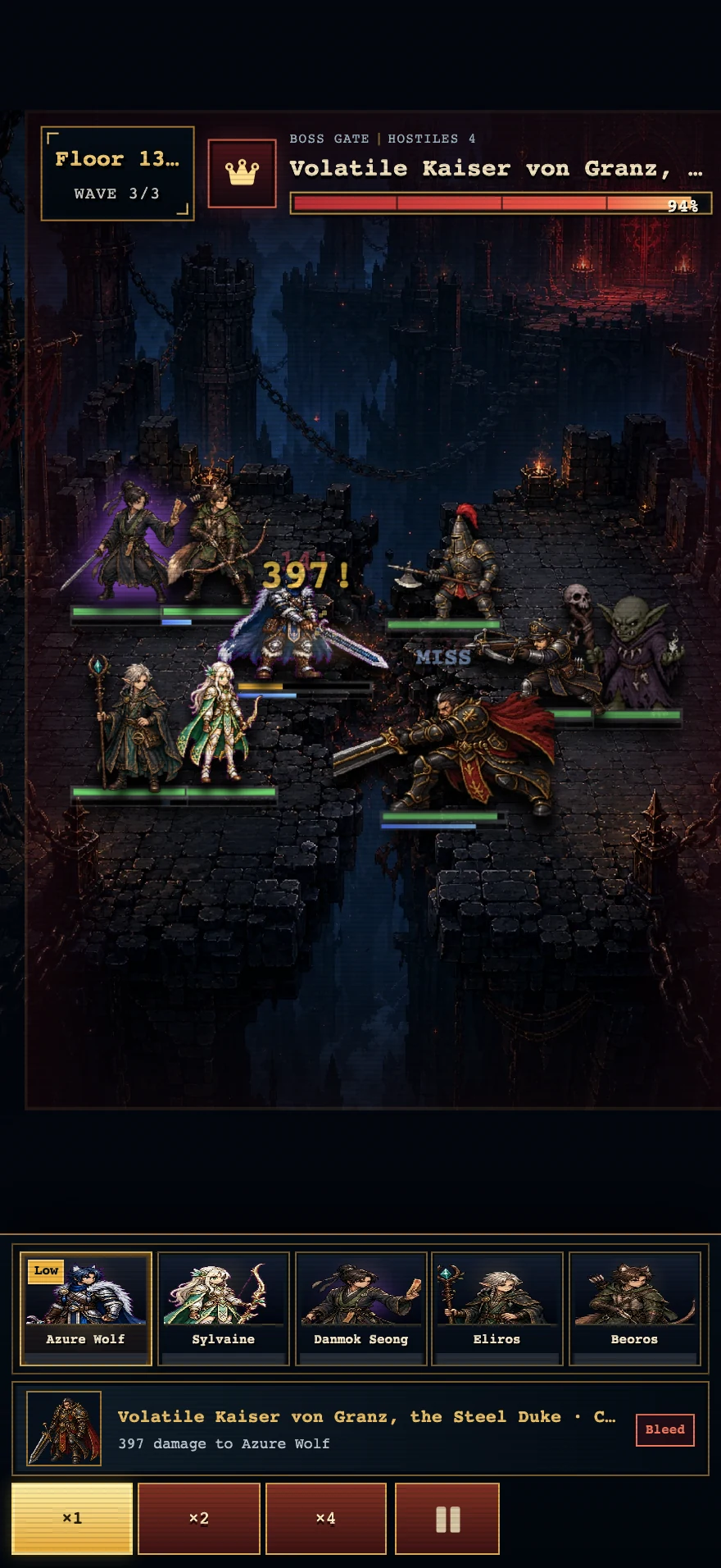 The battle runs itself; speed and skip are the only controls