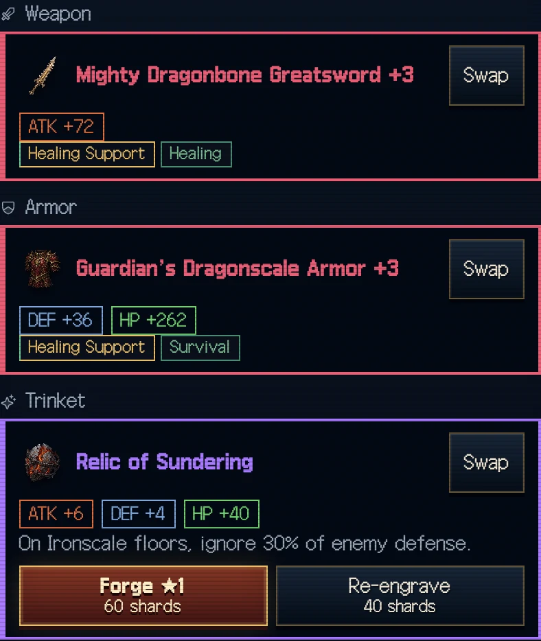 The three slots on the Gear tab