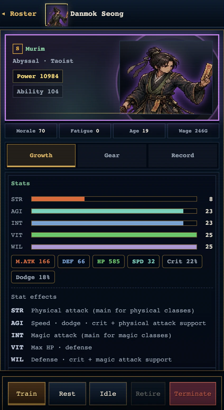 The Growth tab of a mercenary sheet