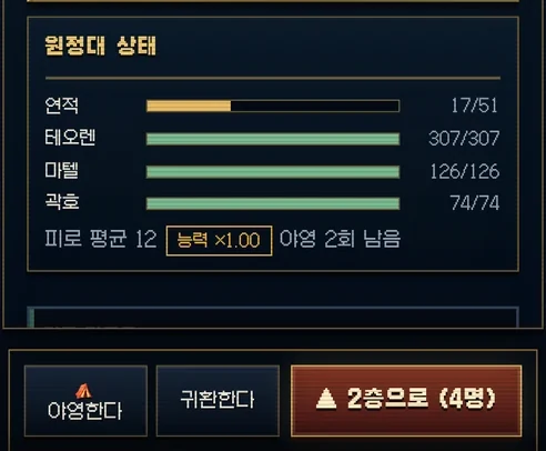 층을 깰 때마다 원정대의 몸 상태를 보고 세 갈래에서 고릅니다
